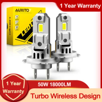 AUXITO 2Pcs Mini LED Headlight H7 Turbo LED Bulb 60W Wireless for Car Head Lamp with Fan H7 Slim LED 18000LM Super Bright White