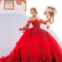 Luxury Red Half Sleeve Sequin Appliques Quinceanera Dress 2024 Ball Gown Charro Mexican Dress vestido de 15 Graduation Dress