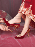 婚鞋女新娘鞋不累腳結婚鞋中式禾秀婚紗兩穿紅色高跟鞋小眾高級感【步行者戶外生活館】