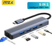 MZX Multi USB-C 3.0 Hub Docking Station 1000Mbps RJ45 Ethernet Network Concentrator Type C 1000M PD Dock 3 0 Extension Adapter