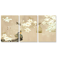 【24mama 掛畫】三聯式 油畫布 動物 藝術繪畫 開花 花卉 鳥籠 樹枝 靜思語 無框畫-40x60cm(玉蘭花與鳥)