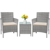 Patio Furniture Set 3 Pieces All-Weather Rattan Outdoor Furniture Patio Chairs with Tempered Glass Table