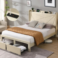 Queen Size Bed Frame, Storage Drawers, Upholstered Bed Frame with Storage Shelf, USB Charging Stations, Strong Wood Slats