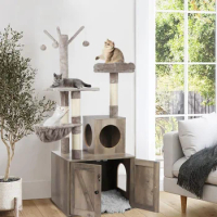 Litter Box Enclosure with Cat Tree, Wooden Cat House with Cat Tree Tower, Hidden Litter Box Furniture with Scratching Post