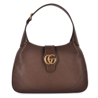 GUCCI Aphrodite雙G LOGO皮革HOBO包賈姬包-深棕色