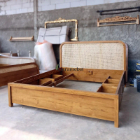 Dipan Tempat Tidur Kayu Jati Laci Kanan Kiri Headboard Rotan Alami Divan Furniture