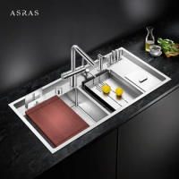 Asras 10049l SUS304 Handmade Kitchen Sink Double Bowl Multipurpose Trash Bin With Kitchen Faucet Stainless Steel Double Sinks