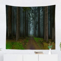 Magical Autumn Scenery in a Dreamy Forest Misty Trail Gloomy Day Retro Hipster Tapestry Decoration Funny University Dormitory