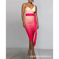 Wepbel Gradient Color Mid-Length Dress Fold Ombre Sexy Pleated Bodycon Dress Women Sleeveless Tied Detail Ruched Bodycon Dress