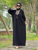 Kaftan Sultan Polos Gamis Renda Super Jumbo Crinkle Airflow Wanita Muslim Panjang Dress Hitam Maxi M