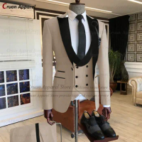 20 Color Newest Khaki Wedding Mens Suits Set Tailor-made White Groomsmen Groom Tuxedo Formal Black Velvet Blazer Vest Pants 3Pcs