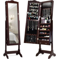 Giantex Jewelry Armoire Organizer with Full Length Mirror, 14 LEDs Floor Standing Jewelry Cabinet with 2 Drawers, 4 Adjustable A