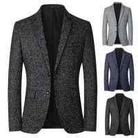 Men Blazer Solid Color Single-breasted Autumn Winter Lapel Buttons Suit Jacket for Daily Wear
