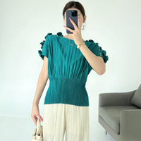 92548 Miyake Summer Beaded Round Neck Short Sleeve Top With Ruched 3D Embroidery Loose Waist T-Shirt