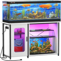 55-75 Gallon Fish Tank Stand with Power Outlets &amp; LED Light, Reversible Heavy Duty Metal Aquarium Stand with Cabinet for Fish