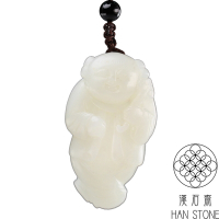 【漢石齋】天然A貨 和田白玉 持如意童子玉佩吊墜(26*47*17mm)