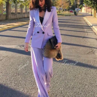 Tesco Women Pantsuit Long Sleeve Blazer Suit+Wide Leg Pants Solid Casual Lady Suit Sets Elegant Outfits 2 Piece For Female