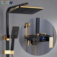 Hot and Cold Digital Shower Set Faucet Bathroom Shower System Black Gold Shower Faucet Square Shower