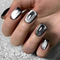 24pcs Black Pearl Cat's Eye Fake Nails Finished Short Square False Nail Tips Cool y2k Nail Art Wearing Artificial Nails Press On