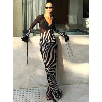 Whatiwear Sexy See Through Dress Women Fashion Printed Low Neck Shirring Flared Sleeve Midnight Club