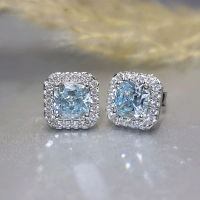 1.50ct x 2 Halo Aqua Blue Cushion Cut Diamond Simulated Earring