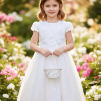 Dress Brokat Putih Batita/Gaun Putih Mewah Anak Perempuan/Gaun White