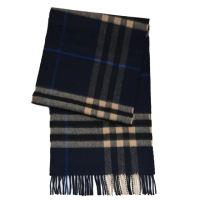 【BURBERRY 巴寶莉】英系經典格紋100%喀什米爾羊毛披肩長圍巾(深藍/棕)