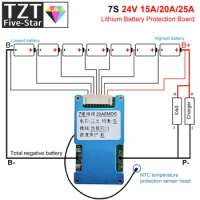 BMS 7S 24V 15A 20A 25A Li-ion Lmo Ternary Lithium 18650 Battery Charge Protection Board Balance And NTC Temperature Protect