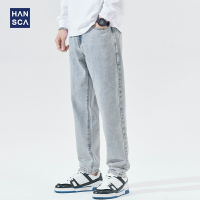 漢斯卡淺藍色牛仔褲男春季新款寬松直筒復古潮流闊腿休閑拖地褲子