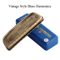 Vintage Style Blues Harmonica Golden 10 Holes C Key Mouth Organ Wind Musical Instrument Kids Beginners Adults Gifts