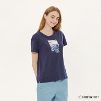 Hang Ten-女裝-COMFORT FIT竹節棉國家公園風景印花短袖T恤-深藍