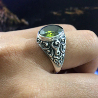 Kusuma Silver Cincin Ring Perak Silver Bali Asli 925 Ukir Karang Jahe Batu Akik Hijau Peridot Besar 