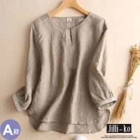 JILLI-KO 日系女裝七分袖棉麻襯衫刺繡亞麻感上衣-F(多款任選)