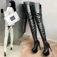 Women Crotch High Platform Boots Stiletto Heels Rivet Boots Party Club Cosplay Stage Shoes Femmes Bottes Big Size 44 48 50 52