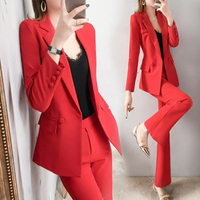 西裝兩件套 早秋裝紅色職業西裝套裝女正韓時尚氣質寬管褲兩件套洋氣【顧家家】