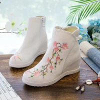 Chinese Style Wedge Platform Shoes Hanfu Ancient Boots Women Woman Casual Shoes Vintage Canvas Lady Embroidered Zipper Shoes