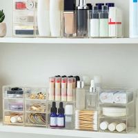 WORTHBUY Cosmetic Storage Box Bathroom Mirror Cabinet Makeup Organizer Box Drawer Multipurpose Stackable Storage Container