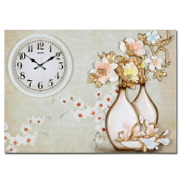 麗盛大號歐式花卉浮雕裝飾畫壁掛鐘客廳木頭無框畫時鐘靜音鐘表