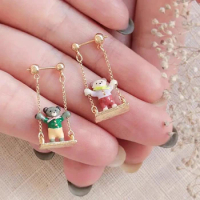 Ceramic Enamel Craftsmanship Swing Teddy Bear Small and Cute Earrings Fashionable Ins Daily Blogger Unique Interesting Earrings