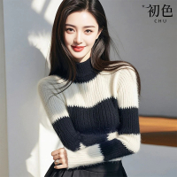 【初色】韓系條紋軟糯圓領長袖毛衣針織衫上衣女上衣-黑白條紋-39529(F可選)