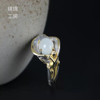 古典925純銀戒指女復古宮廷月光石馬蹄蓮戒指開口可調節銀飾