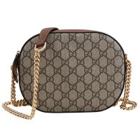 【GUCCI 古馳】GG Supreme 經典雙G印花皮革拼接相機包斜背包(駝/咖)