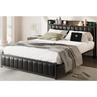 Queen Bed Frame with Storage Headboard &amp; Footboard, Upholstered Platform Bed with USB Ports &amp; Outlets No Box Spring Needed
