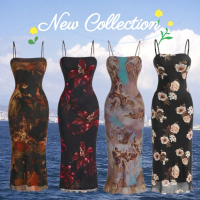 เดรสสายเดี่ยวตัวยาวY2K พิมพ์ลาย(ผ้าตาข่ายมีซับใน) Dress