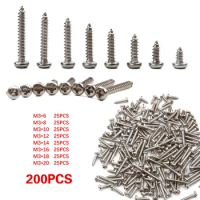200Pcs 304 Stainless Steel Pan Head Self Tapping Screw Round Head Phillips Truss Mushroom Screws Kit M3*6/8/10/12/14/16/18/20