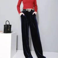 XITAO Fashion Women Full Length Wide-leg Loose Form Mid Waist Solid Color Casual Style Spring New Velvet Pants SSB-056