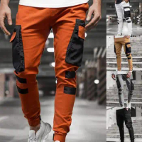 Attractive Cargo Pants Elastic Ribbons Contrast Color Slim Fit Men Jogger Pants Men Pants All-Match