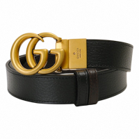 GUCCI-仿舊雙G LOGO荔枝紋皮革男皮帶(黑)105cm