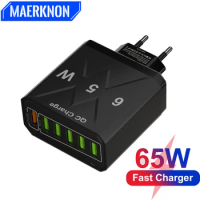 65W GaN USB Charger 6 Ports Fast Charger Korean Plug Quick Charger 3.0 Mobile Phone Charger For iphone 14 Samsung Huawei Xiaomi