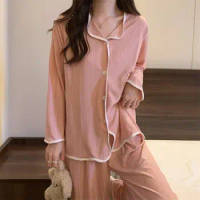 Pyjama Femme Ruffle Pajama Sets For Women Spring Sleepwear Sweet Pink Pijama Feminino